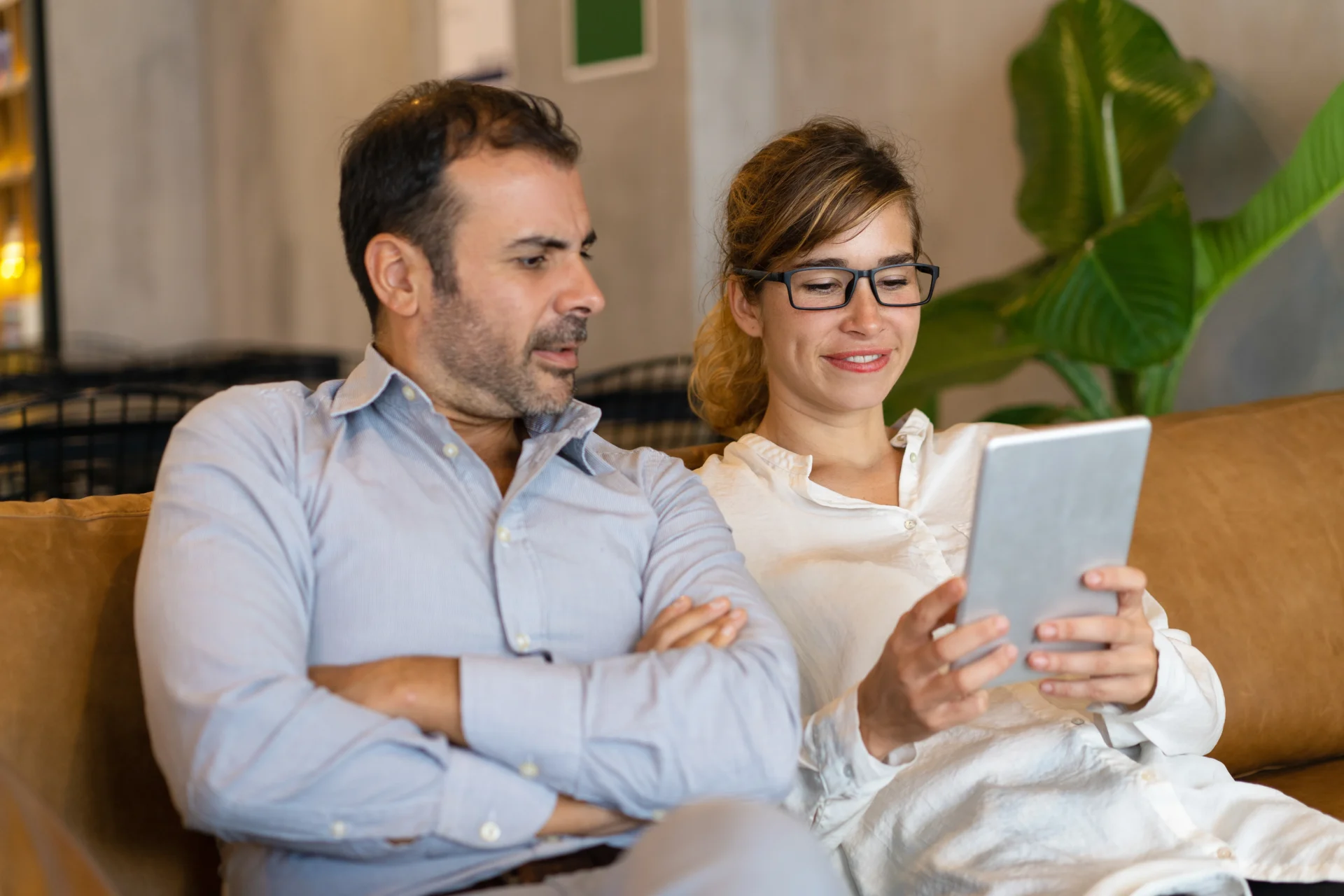Portrait Happy Colleagues Using Pc Tablet Lobby Break